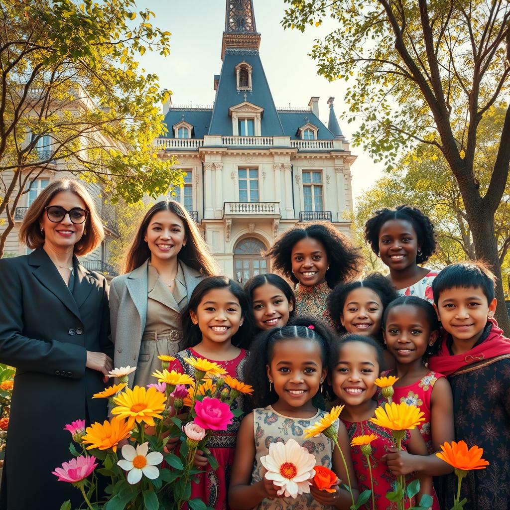 Fashion designers in Paris donating their money to orphaned children, showcasing a heartwarming scene in front of a beautiful Parisian architecture