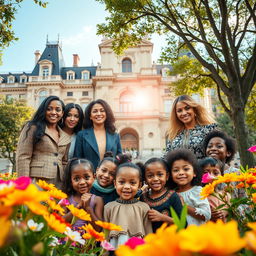 Fashion designers in Paris donating their money to orphaned children, showcasing a heartwarming scene in front of a beautiful Parisian architecture