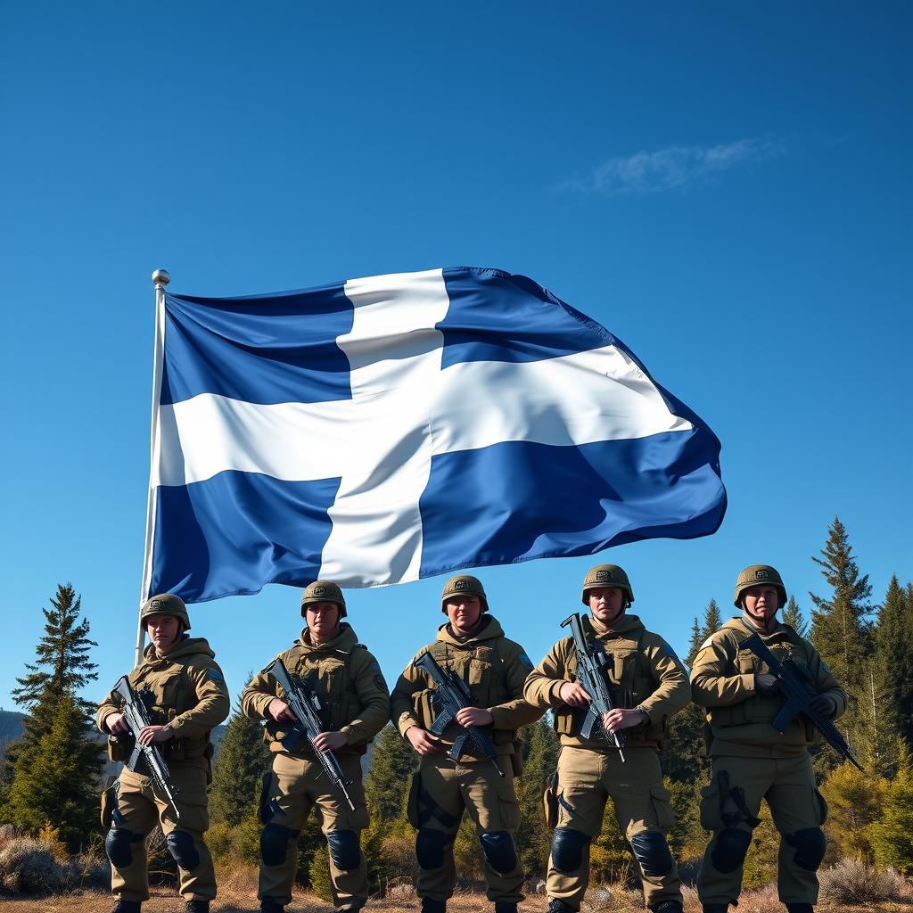 A vivid scene depicting the flag of Finland prominently displayed, with several Finnish soldiers standing proud and resolute around it