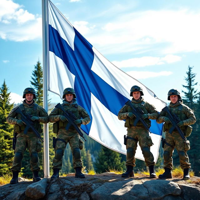 A vivid scene depicting the flag of Finland prominently displayed, with several Finnish soldiers standing proud and resolute around it