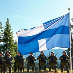 A vivid scene depicting the flag of Finland prominently displayed, with several Finnish soldiers standing proud and resolute around it