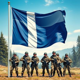 A vivid scene depicting the flag of Finland prominently displayed, with several Finnish soldiers standing proud and resolute around it