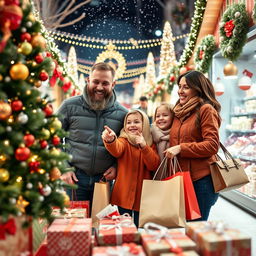 A cheerful Christmas shopping scene featuring a family enjoying their time together