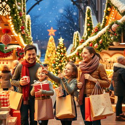 A cheerful Christmas shopping scene featuring a family enjoying their time together
