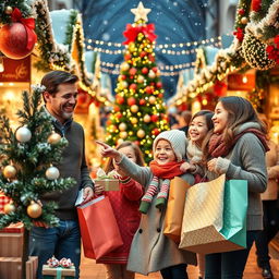 A cheerful Christmas shopping scene featuring a family enjoying their time together