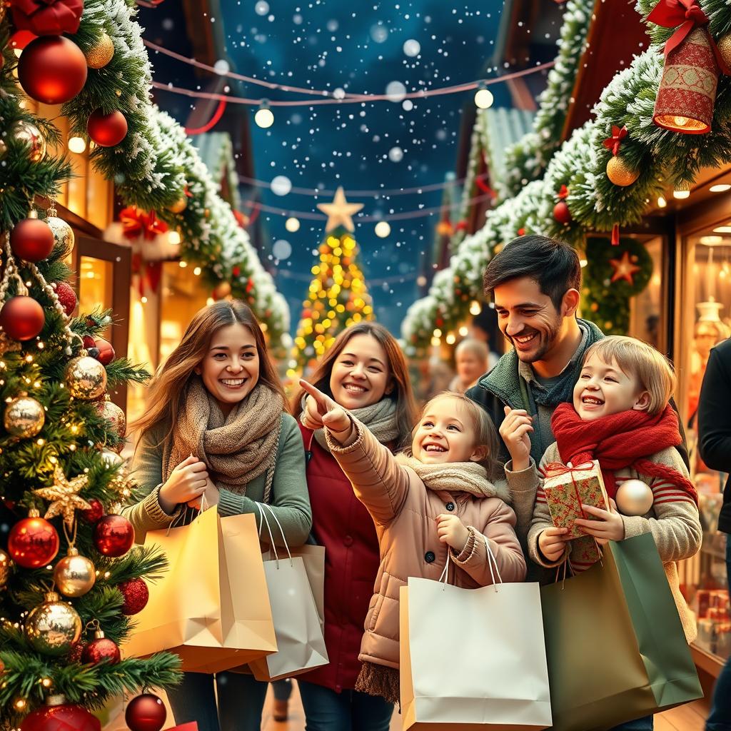 A cheerful Christmas shopping scene featuring a family enjoying their time together