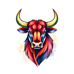 A vibrant and artistic logo design featuring a bull head, illustrated in a watercolor style that blends rich colors with a smooth, fluid aesthetic