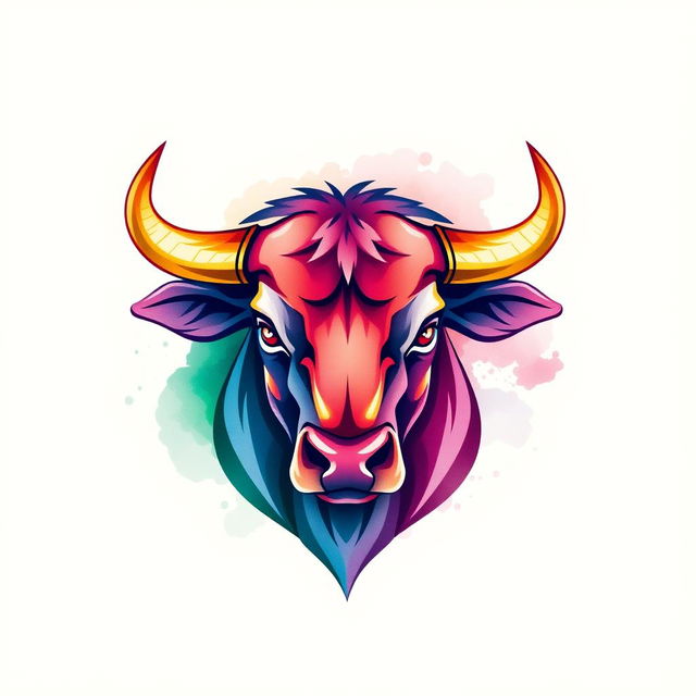 A vibrant and artistic logo design featuring a bull head, illustrated in a watercolor style that blends rich colors with a smooth, fluid aesthetic