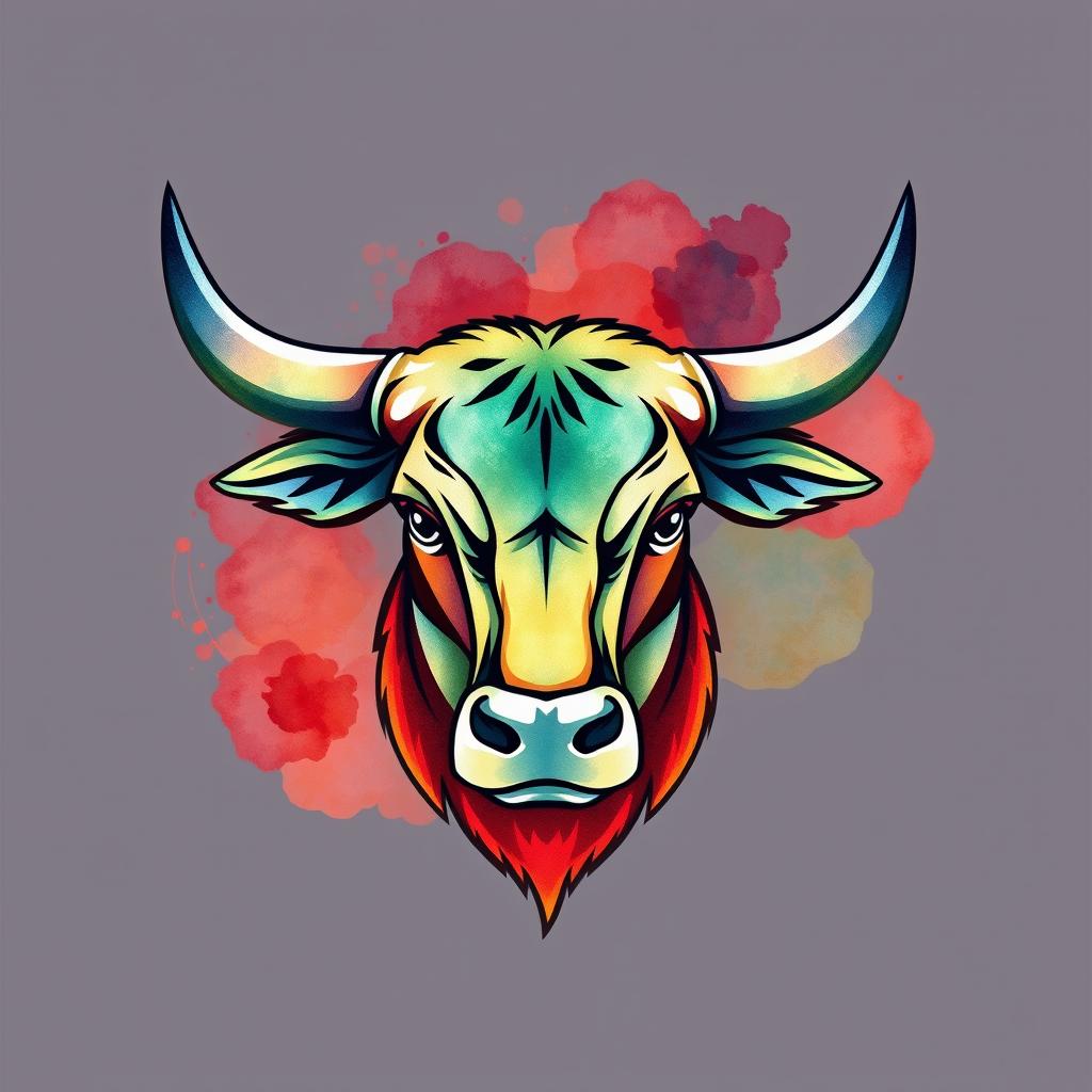 A vibrant and artistic logo design featuring a bull head, illustrated in a watercolor style that blends rich colors with a smooth, fluid aesthetic