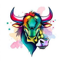 A logo design featuring a stylized Bull Head, rendered in a beautiful watercolor style mixed with vector graphic elements