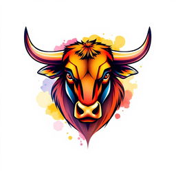 A logo design featuring a stylized Bull Head, rendered in a beautiful watercolor style mixed with vector graphic elements