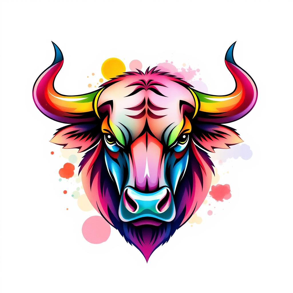 A logo design featuring a stylized Bull Head, rendered in a beautiful watercolor style mixed with vector graphic elements