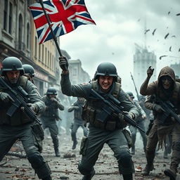 A dramatic scene featuring British soldiers engaged in combat with zombies in an intense battle