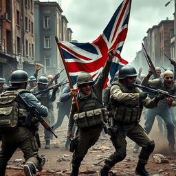 A dramatic scene featuring British soldiers engaged in combat with zombies in an intense battle
