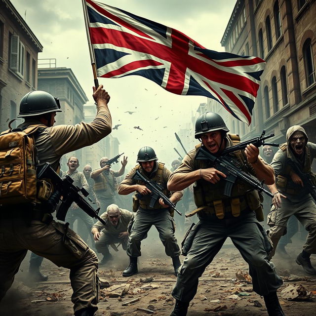 A dramatic scene featuring British soldiers engaged in combat with zombies in an intense battle