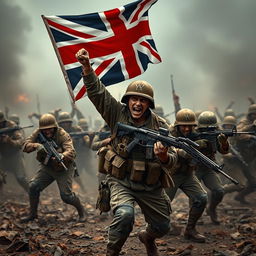 A dramatic scene depicting British soldiers fighting against zombies in an intense battle