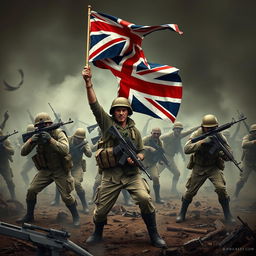 A dramatic scene depicting British soldiers fighting against zombies in an intense battle