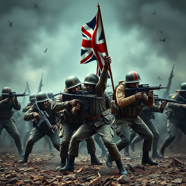 A dramatic scene depicting British soldiers fighting against zombies in an intense battle