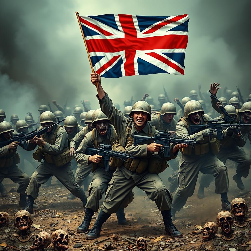 A dramatic scene depicting British soldiers fighting against zombies in an intense battle