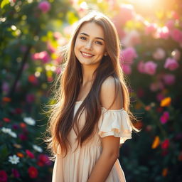 A portrait of a young woman standing in a lush, sunlit garden filled with colorful flowers