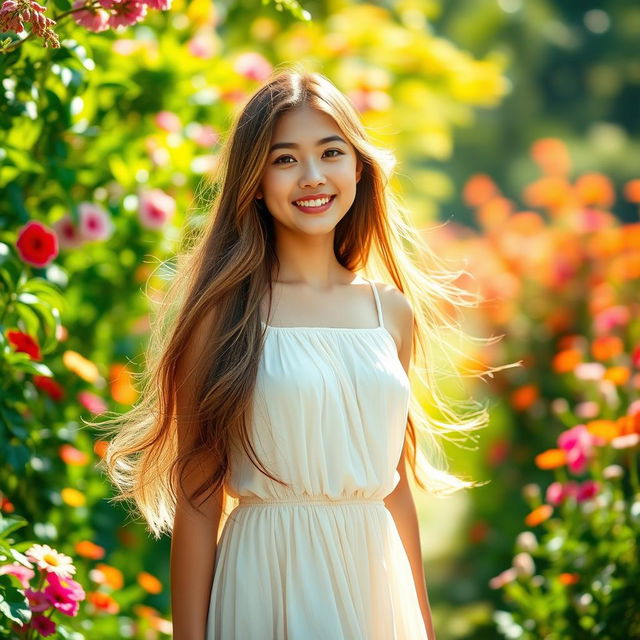 A portrait of a young woman standing in a lush, sunlit garden filled with colorful flowers