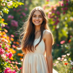 A portrait of a young woman standing in a lush, sunlit garden filled with colorful flowers