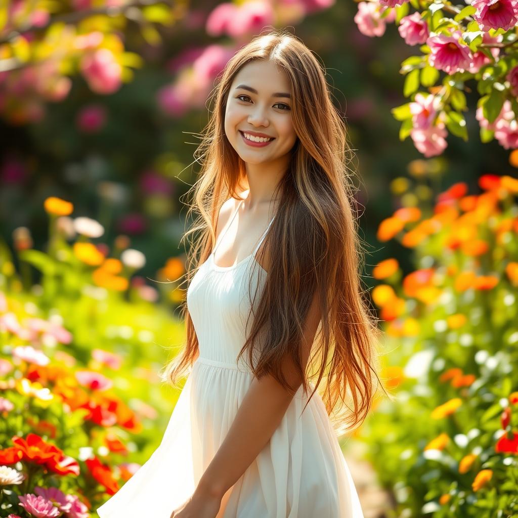 A portrait of a young woman standing in a lush, sunlit garden filled with colorful flowers