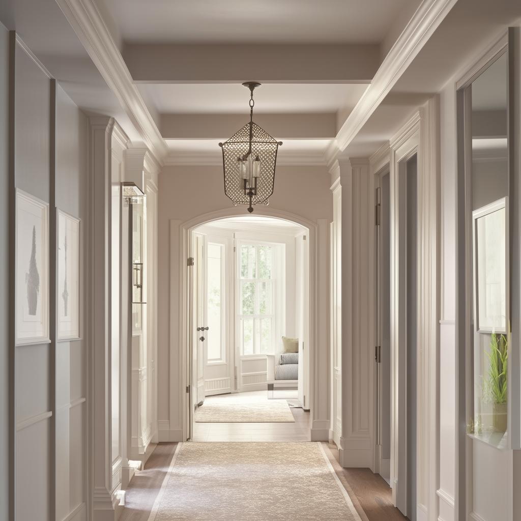 Hallway with perfectly balanced color combination for a sophisticated and relaxing feel. Showcase serene shades enhancing a welcoming and elevated ambiance.