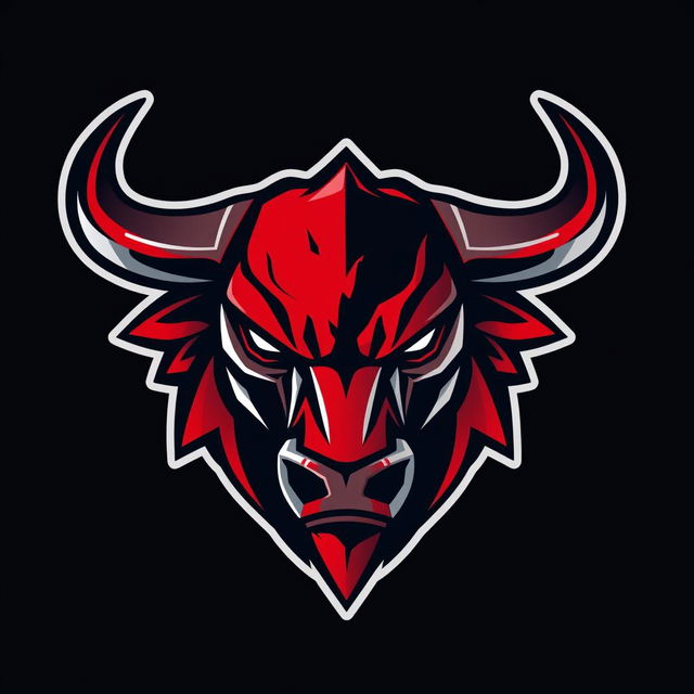 A bold and striking logo design featuring the head of a bull, crafted in a modern esports style