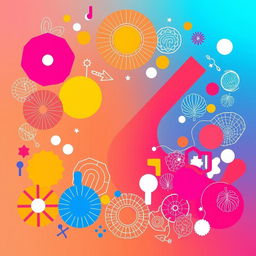 A vibrant and dynamic flat cover design that completely fills the entire square, incorporating a mixture of colorful geometric patterns, abstract shapes, and organic silhouettes