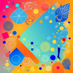 A vibrant and dynamic flat cover design that completely fills the entire square, incorporating a mixture of colorful geometric patterns, abstract shapes, and organic silhouettes