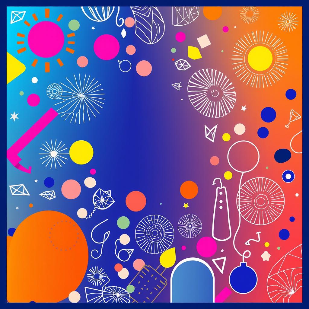 A vibrant and dynamic flat cover design that completely fills the entire square, incorporating a mixture of colorful geometric patterns, abstract shapes, and organic silhouettes
