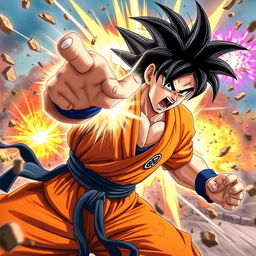 A dynamic showdown between a powerful warrior resembling Goku, featuring spiky black hair and a fierce expression, wearing an orange training gi, powered up with an aura of energy