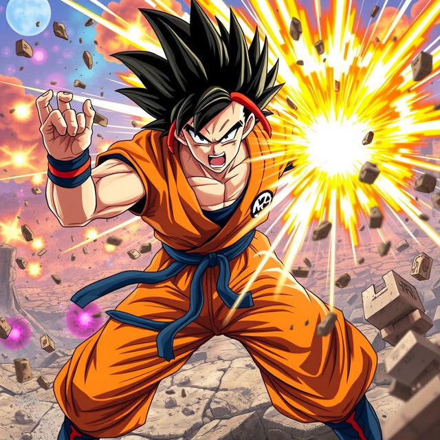 A dynamic showdown between a powerful warrior resembling Goku, featuring spiky black hair and a fierce expression, wearing an orange training gi, powered up with an aura of energy