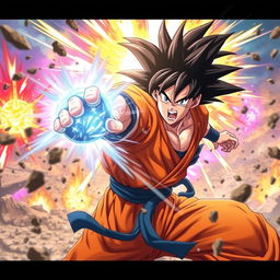 A dynamic showdown between a powerful warrior resembling Goku, featuring spiky black hair and a fierce expression, wearing an orange training gi, powered up with an aura of energy