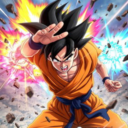 A dynamic showdown between a powerful warrior resembling Goku, featuring spiky black hair and a fierce expression, wearing an orange training gi, powered up with an aura of energy