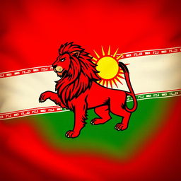 A detailed representation of the Pahlavi flag, featuring a lion and sun emblem, vibrant colors of deep red, green, and white