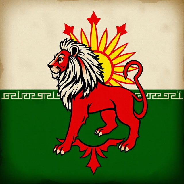 A detailed representation of the Pahlavi flag, featuring a lion and sun emblem, vibrant colors of deep red, green, and white