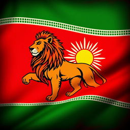 A detailed representation of the Pahlavi flag, featuring a lion and sun emblem, vibrant colors of deep red, green, and white
