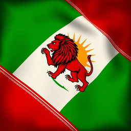 A detailed representation of the Pahlavi flag, featuring a lion and sun emblem, vibrant colors of deep red, green, and white