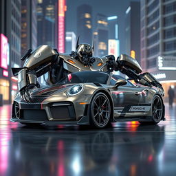 A digitally rendered image of a Porsche 911 Gr 3 RS that has been transformed into a futuristic mechanical robot, inspired by the design aesthetics of Transformers