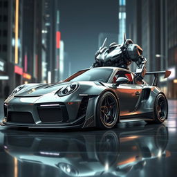A digitally rendered image of a Porsche 911 Gr 3 RS that has been transformed into a futuristic mechanical robot, inspired by the design aesthetics of Transformers