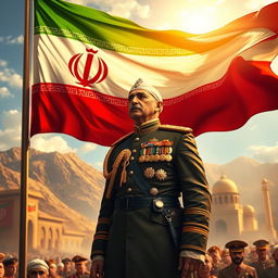 A historical scene depicting the Pahlavi flag waving proudly with Reza Shah standing prominently in a dignified pose, wearing a traditional Persian military uniform
