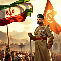 A historical scene depicting the Pahlavi flag waving proudly with Reza Shah standing prominently in a dignified pose, wearing a traditional Persian military uniform