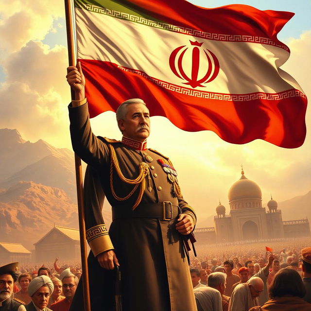 A historical scene depicting the Pahlavi flag waving proudly with Reza Shah standing prominently in a dignified pose, wearing a traditional Persian military uniform