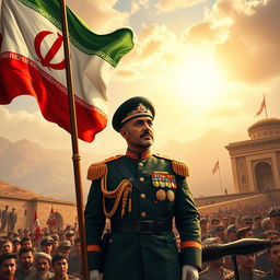 A historical scene depicting the Pahlavi flag waving proudly with Reza Shah standing prominently in a dignified pose, wearing a traditional Persian military uniform