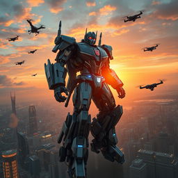 A highly detailed, futuristic mechanical Transformer robot, towering over a sprawling cityscape at sunset, with chrome and steel textures reflecting the vibrant hues of the sky
