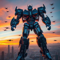 A highly detailed, futuristic mechanical Transformer robot, towering over a sprawling cityscape at sunset, with chrome and steel textures reflecting the vibrant hues of the sky