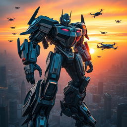 A highly detailed, futuristic mechanical Transformer robot, towering over a sprawling cityscape at sunset, with chrome and steel textures reflecting the vibrant hues of the sky