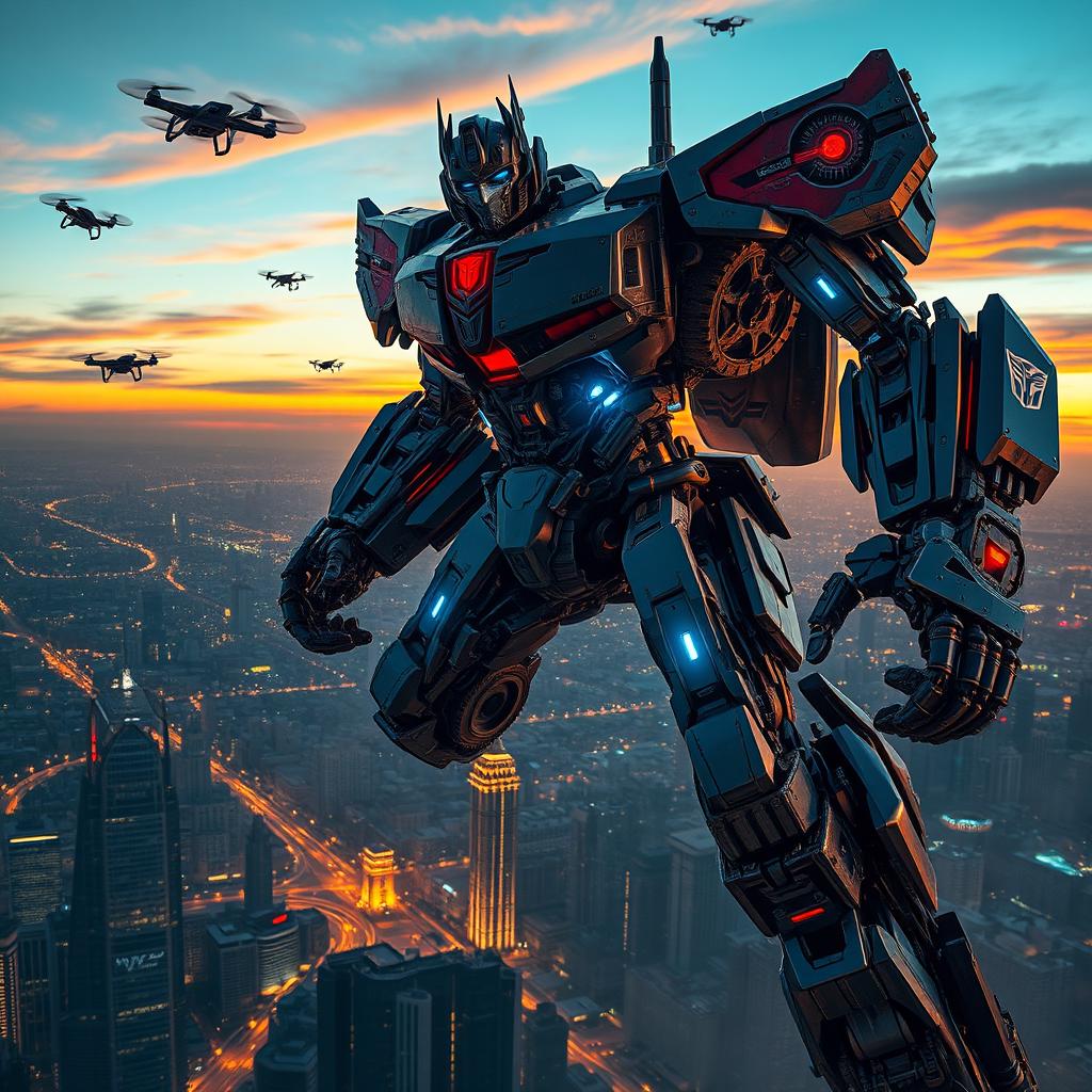 A highly detailed, futuristic mechanical Transformer robot, towering over a sprawling cityscape at sunset, with chrome and steel textures reflecting the vibrant hues of the sky